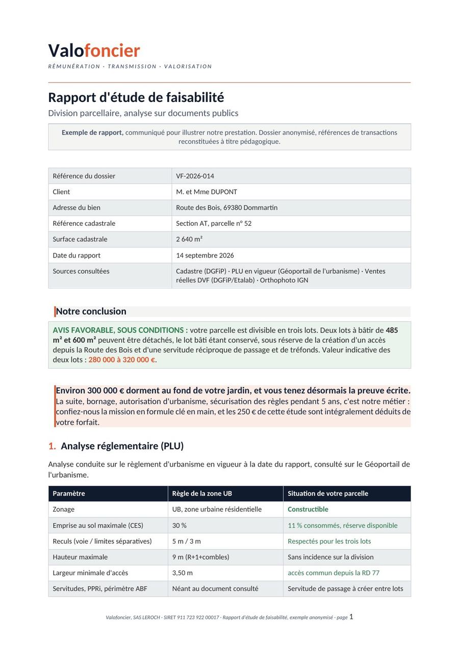 Rapport d'étude de faisabilité Valofoncier, page 1